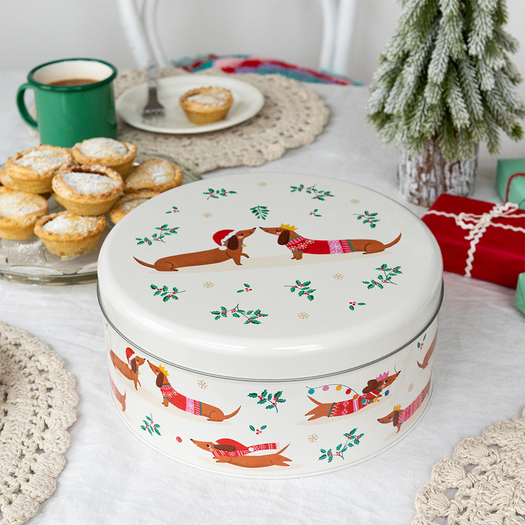 Festive Sausage Dog Cake Storage Tin